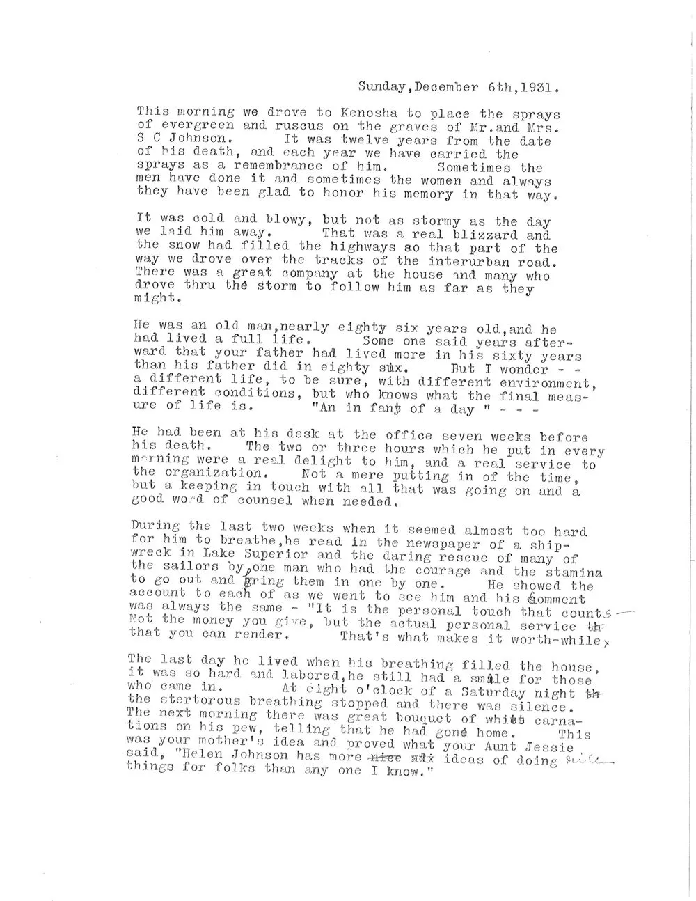 Typewritten page 1 of the 1931 remembrance